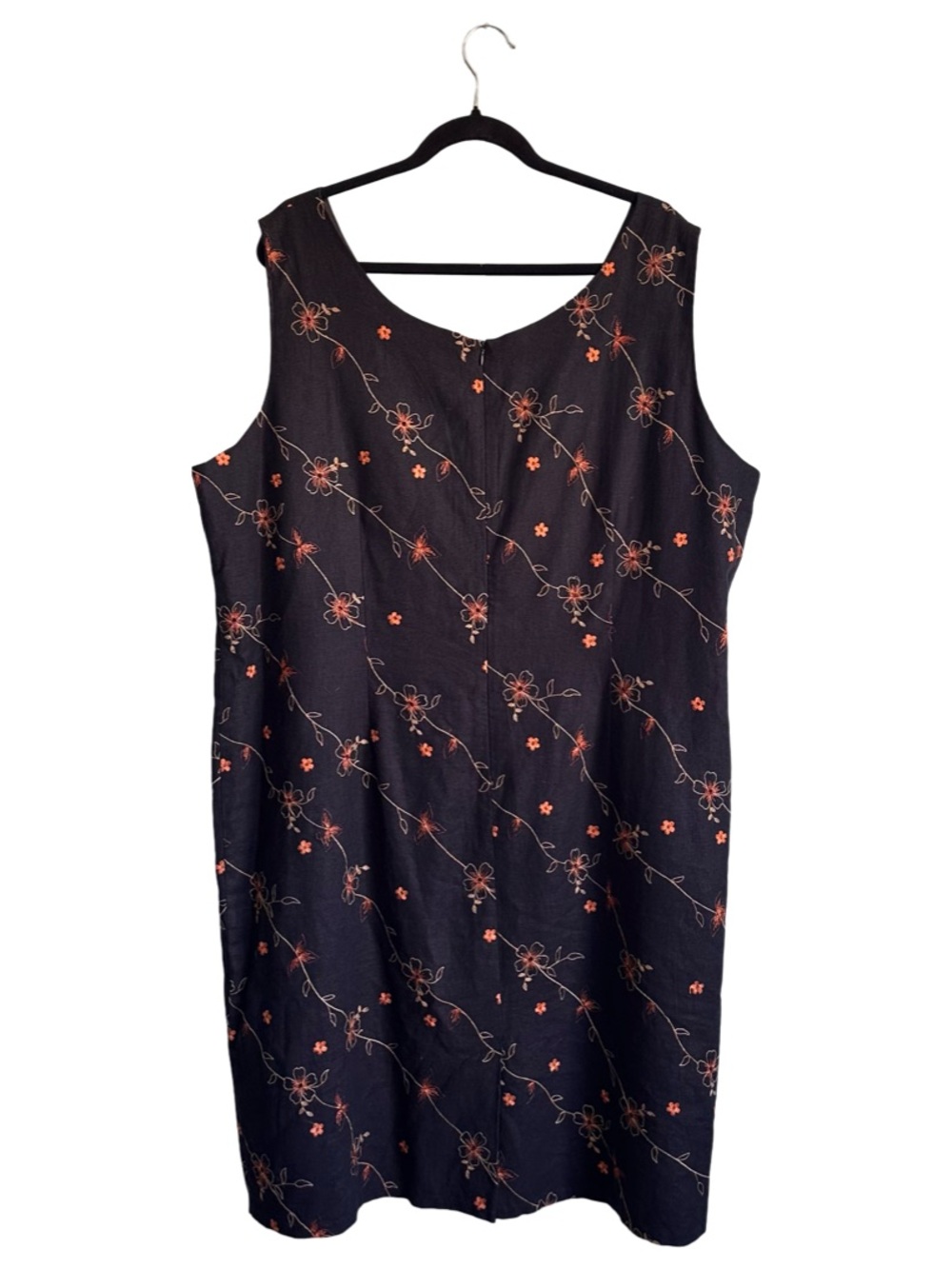 VTG Betsy Lauren Black Sleeveless Linen Midi Shift Dress Floral Embroidery 24W